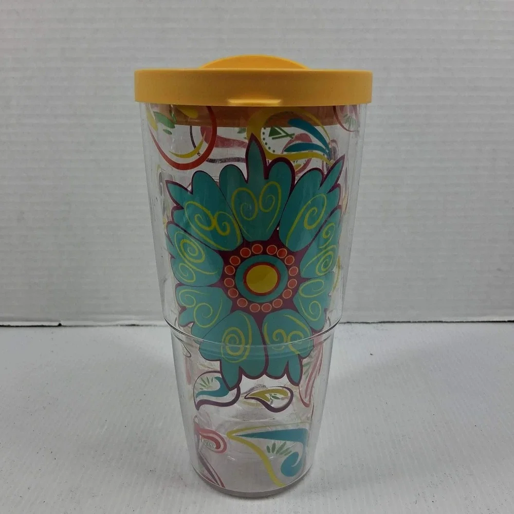 Tervis 24oz Insulated Tumbler Paisley Floral Clear Yellow Travel Lid Made in USA